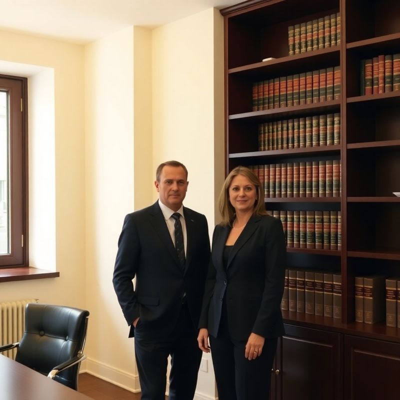 Two advisors in dark navy attire standing beside a deep burgundy bookcase in a cream-walled Constanța office