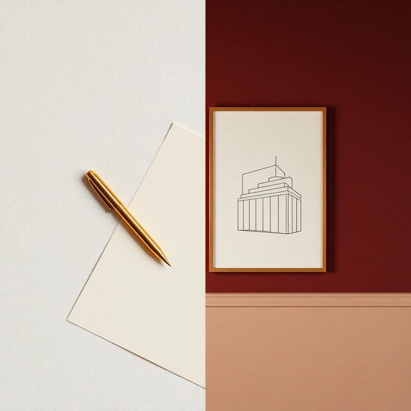 A split-frame editorial composition: cream paper with a gold-nibbed pen on the left, a deep burgundy wall with framed line drawing on the right