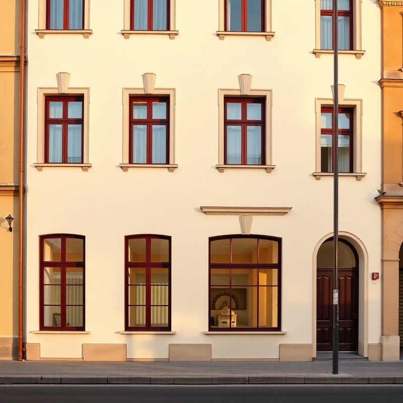 Restored early-twentieth-century building facade in central Constanța with cream plaster walls and deep burgundy window frames