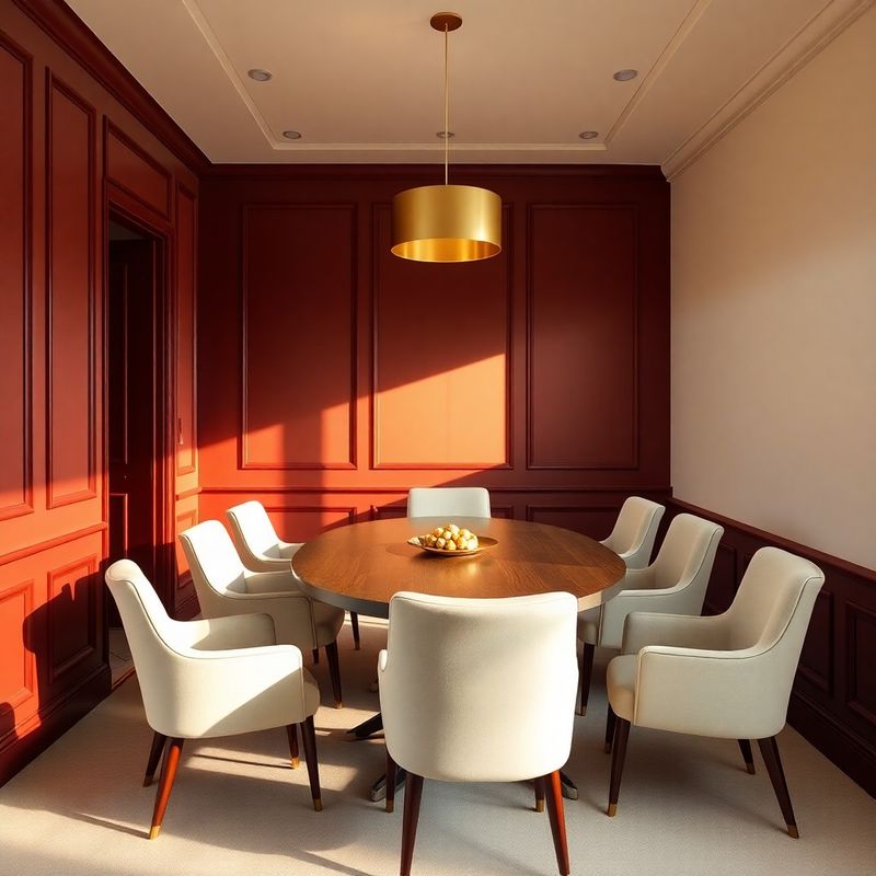 Cream-walled private meeting room with deep burgundy joinery, oval walnut table, and muted gold pendant light