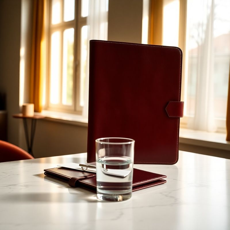 A cream marble desk with a closed burgundy leather portfolio, silver letter opener, and a glass of water in soft morning light