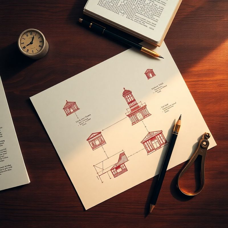 Overhead flat-lay of structural diagrams in burgundy ink on cream cartridge paper, with a mechanical pencil and brass compass on a walnut desk